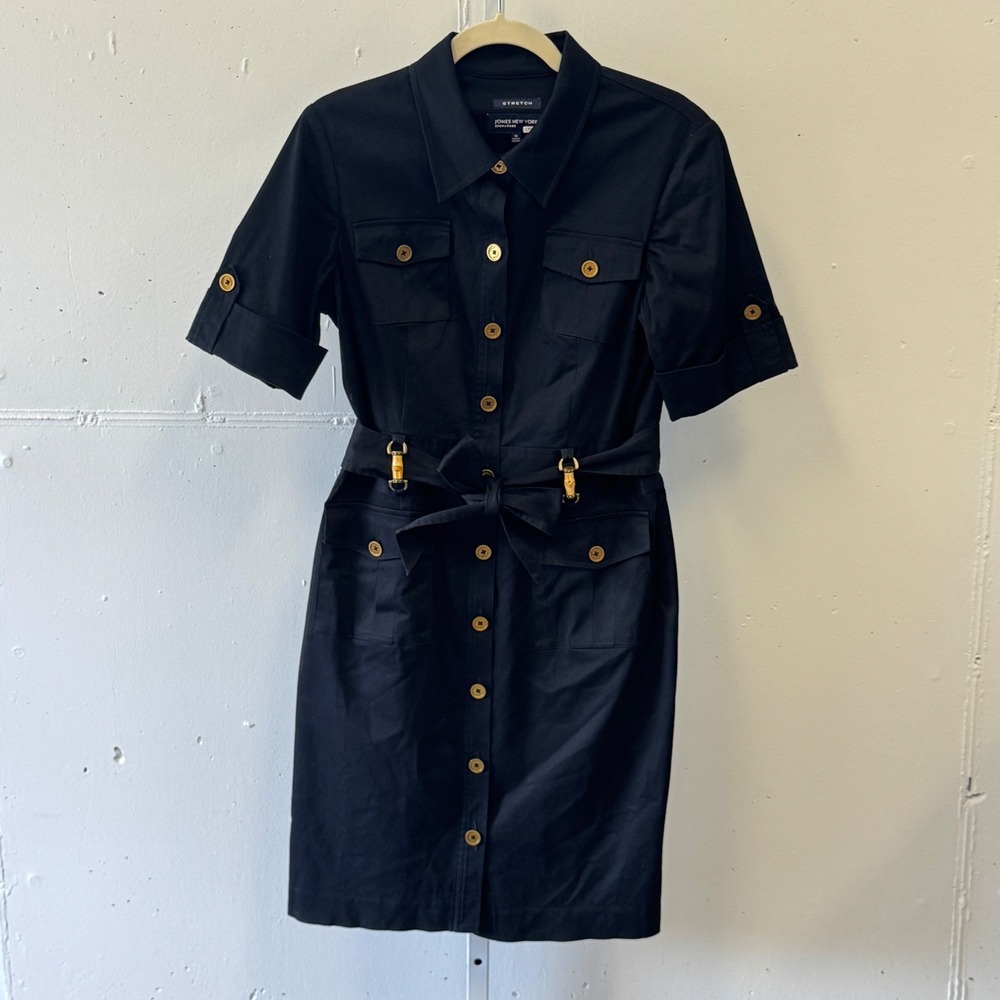 Jones New York Signature Black Stretch Cotton Utility Belted Shirt Dress 10